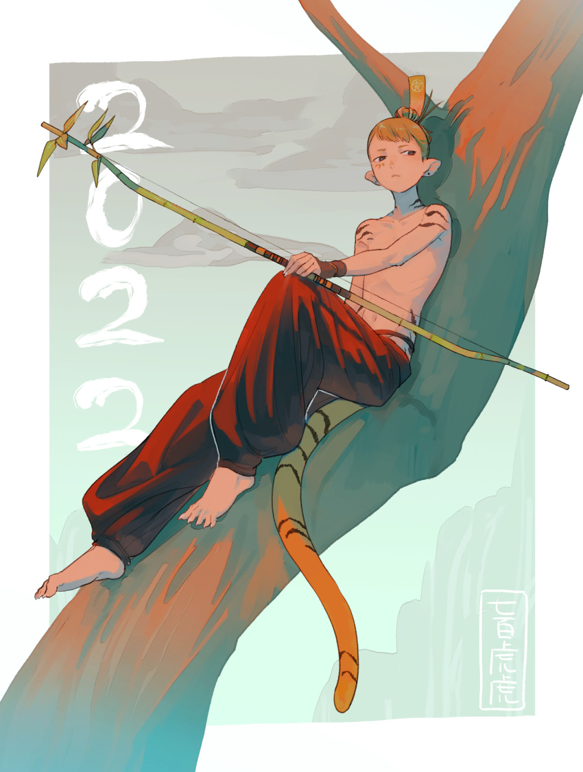 1boy 2022 bamboo barefoot body_markings bow_(weapon) brown_hair chinese_zodiac dated earrings facial_mark fingernails full_body hair_ornament highres holding holding_bow_(weapon) holding_weapon in_tree jewelry knee_up looking_away male_focus nanahyaku_torako navel original outside_border outstretched_arm pants pointy_ears red_pants sharp_fingernails sharp_toenails short_hair sideways_glance sitting solo stud_earrings tail tiger_boy tiger_stripes tiger_tail toenails topless_male tree weapon wristband year_of_the_tiger