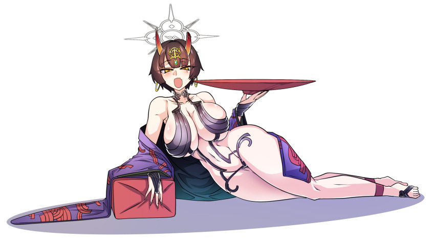 1girl bangs barefoot_sandals black_nails blue_archive blunt_bangs breasts broken_horn brown_eyes brown_hair cosplay cup earrings fate/grand_order fate_(series) halo headpiece highres holding holding_cup hoop_earrings horns japanese_clothes jewelry kimono large_breasts lying mole mole_under_eye navel niya_(blue_archive) on_side oni_horns open_clothes open_kimono open_mouth purple_kimono revealing_clothes sakazuki short_hair shuten_douji_(fate) shuten_douji_(fate)_(cosplay) solo trait_connection zergling_(cdror1004)
