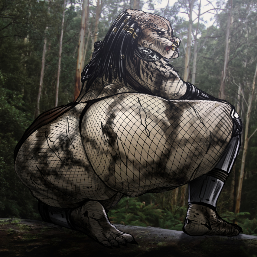 absurd_res armor band1tnsfw big_butt butt clothed clothing clothing_aside crouching curvy_figure digital_media_(artwork) feet female fishnet_bodysuit hi_res huge_butt humanoid looking_at_viewer looking_back looking_back_at_viewer markings partially_clothed photo_background photography_(artwork) predator_(franchise) presenting presenting_hindquarters real rear_view seductive soles solo tan_body tan_skin voluptuous yautja yellow_eyes