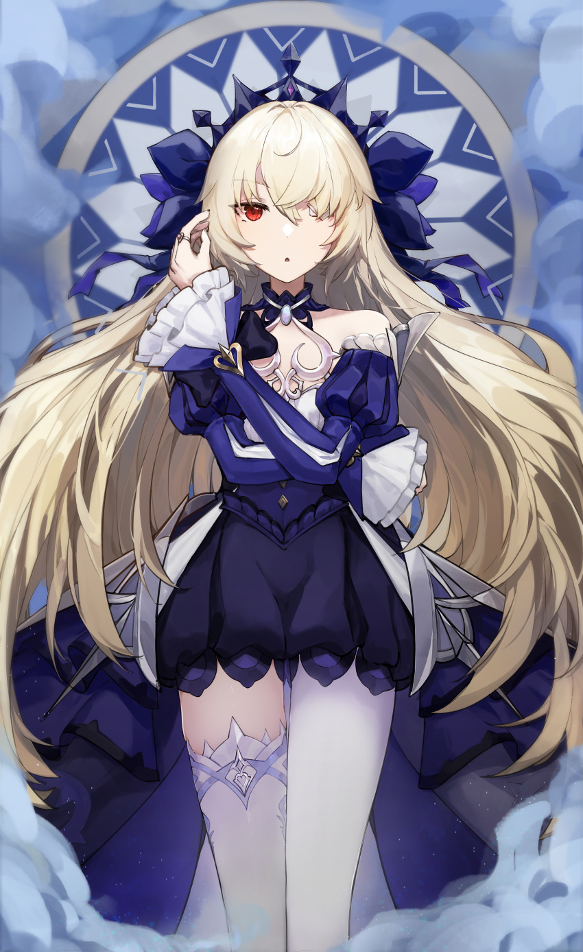 1girl absurdres alternate_eye_color bare_shoulders blonde_hair breasts choker detached_sleeves dress eyepatch fischl_(ein_immernachtstraum)_(genshin_impact) fischl_(genshin_impact) frills gem genshin_impact green_eyes hair_over_one_eye hair_ribbon highres jewelry long_hair long_sleeves looking_at_viewer medium_breasts official_alternate_costume official_alternate_eye_color open_mouth pantyhose purple_choker purple_dress purple_gemstone purple_ribbon purple_sleeves red_eyes ribbon simple_background single_leg_pantyhose single_thighhigh solo thighhighs tiara two_side_up white_pantyhose white_thighhighs yukineko