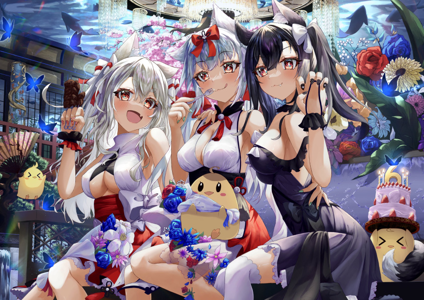 &gt;_&lt; 3girls animal_ear_fluff animal_ears anniversary azur_lane bare_shoulders bird black_dress black_hair black_nails bouquet bug butterfly cake candle chick claw_pose dress fang flower food fork green_nails hair_ribbon hands_up highres holding holding_fork licking_lips long_hair looking_at_viewer manjuu_(azur_lane) multiple_girls nail_polish official_alternate_costume red_dress red_eyes red_nails red_ribbon ribbon shigure_(azur_lane) shigure_(the_ballroom's_lucky_star)_(azur_lane) tail tongue tongue_out werewolf_kg white_dress white_hair white_ribbon yukikaze_(azur_lane) yukikaze_(winter's_snowy_wind)_(azur_lane) yuudachi_(azur_lane) yuudachi_(carnivore_carnival!)_(azur_lane)