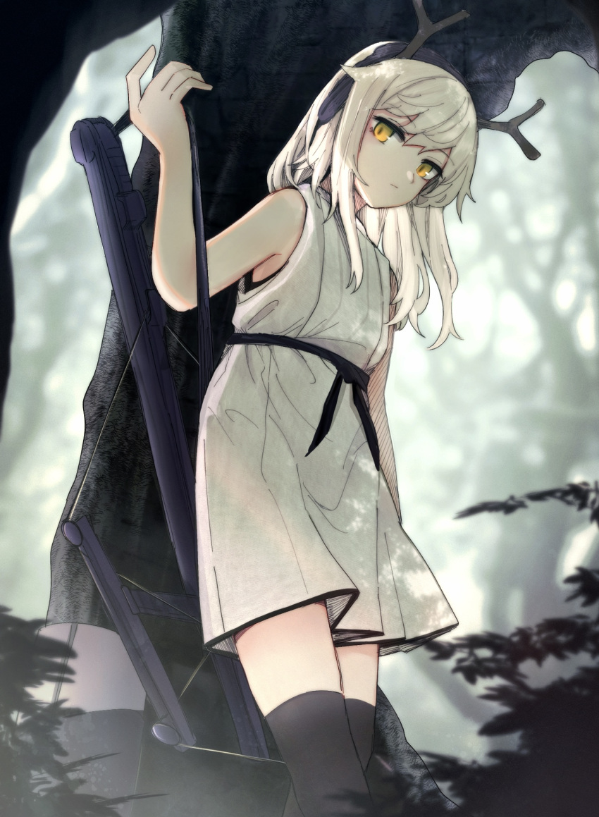 1girl antlers arknights bare_shoulders black_thighhighs blonde_hair cowboy_shot crossbow deer_antlers dress firewatch_(arknights) firewatch_(wilted_cypress)_(arknights) highres holding holding_crossbow holding_weapon long_hair looking_at_viewer official_alternate_costume outdoors sasahara_(shou_goi) sleeveless sleeveless_dress solo thighhighs tree weapon white_dress yellow_eyes
