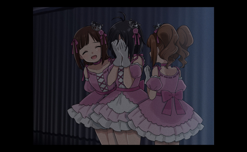 3girls ahoge amami_haruka black_hair bow brown_hair covering_face crown curtains dress film_grain flower frilled_dress frills gloves hair_flower hair_ornament hair_ribbon highres idol_clothes idolmaster idolmaster_(classic) kikuchi_makoto layered_dress medium_hair mini_crown multiple_girls naruse_ill parted_bangs pink_bow pink_dress pink_flower pink_ribbon ribbon short_hair smile takatsuki_yayoi twintails white_gloves