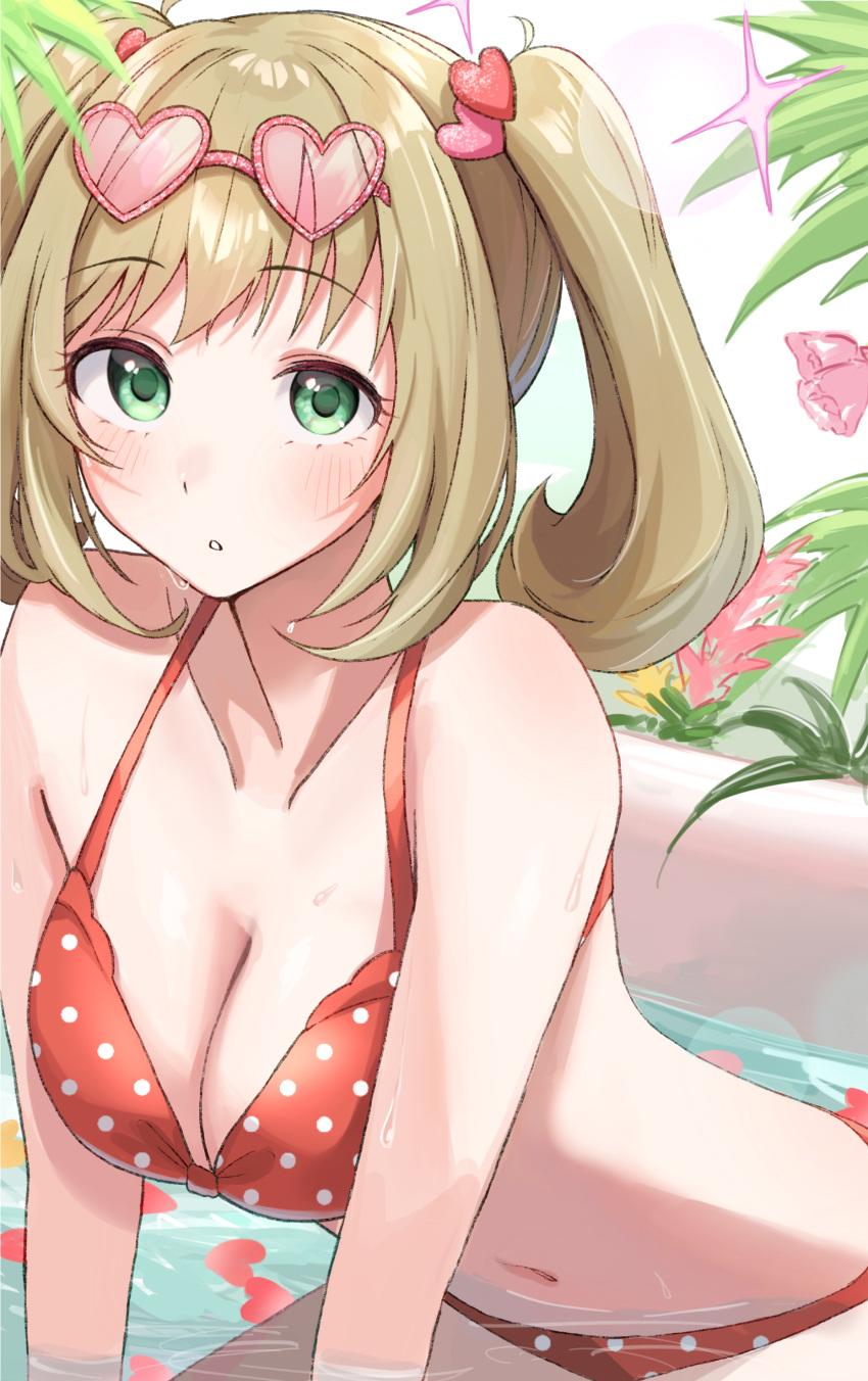 1girl absurdres ban_(puka_0507) bikini blush breasts cleavage collarbone eyewear_on_head green_eyes hair_ornament heart heart-shaped_eyewear heart_hair_ornament highres idolmaster idolmaster_cinderella_girls large_breasts light_brown_hair looking_at_viewer petals petals_on_liquid polka_dot polka_dot_bikini red_bikini sato_shin solo swimsuit thighhighs tinted_eyewear twintails