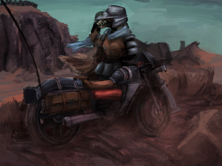 anon2000000 anthro armor black_body black_eyes black_fur bonedog_(kenshi) breasts cape clothed clothing desert detailed_background digital_media_(artwork) female fingers fur headgear helmet hi_res kenshi lo-fi_games motorcycle outside plant scarf shirt sky solo solo_focus standing teeth topwear vehicle