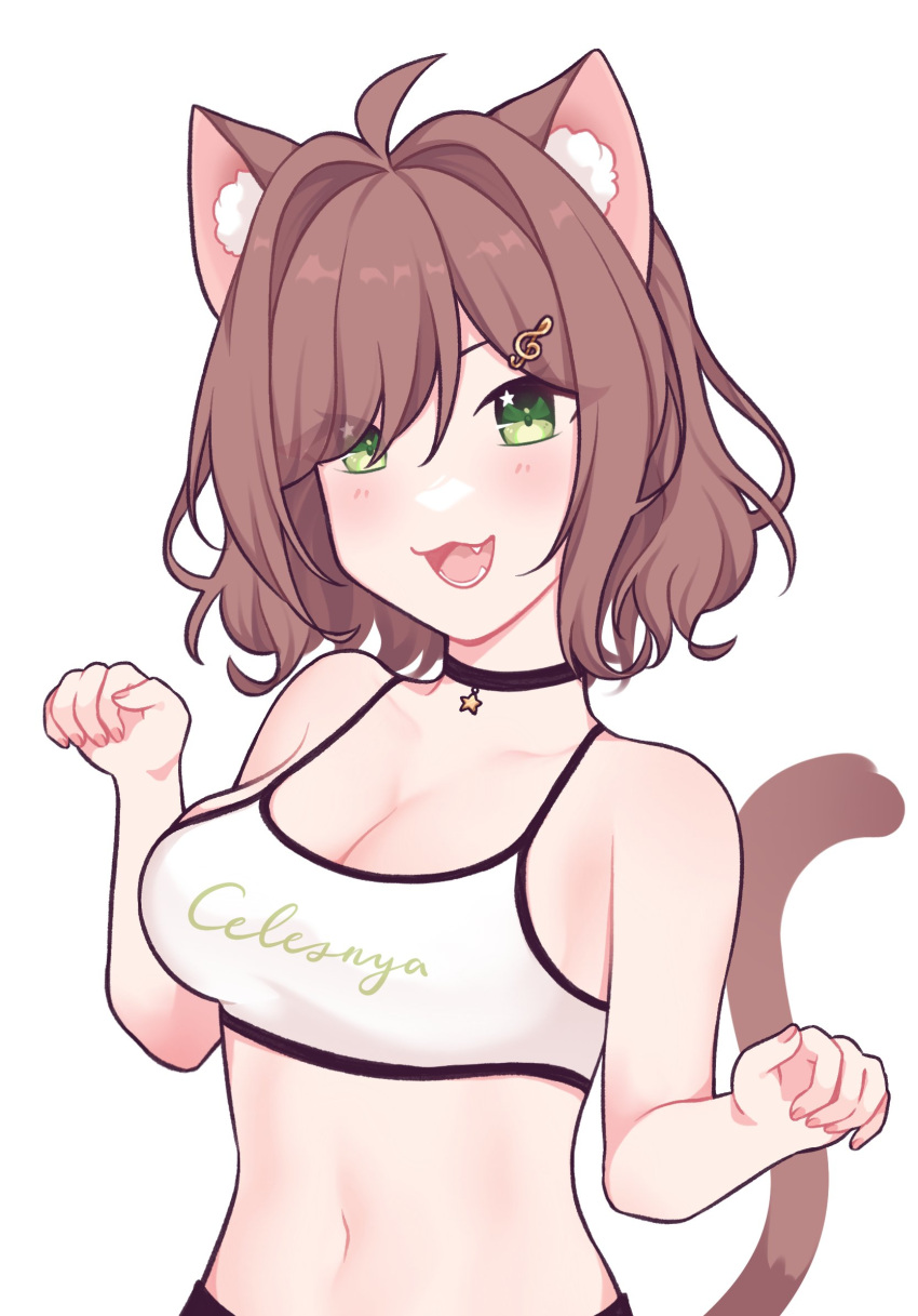 animal_ears bare_arms bare_shoulders brown_hair cat_ears cat_tail collar green_eyes highres hyuni_(hyunicat) indie_virtual_youtuber midriff miori_celesta musical_note paw_pose sharp_teeth short_hair tail teeth