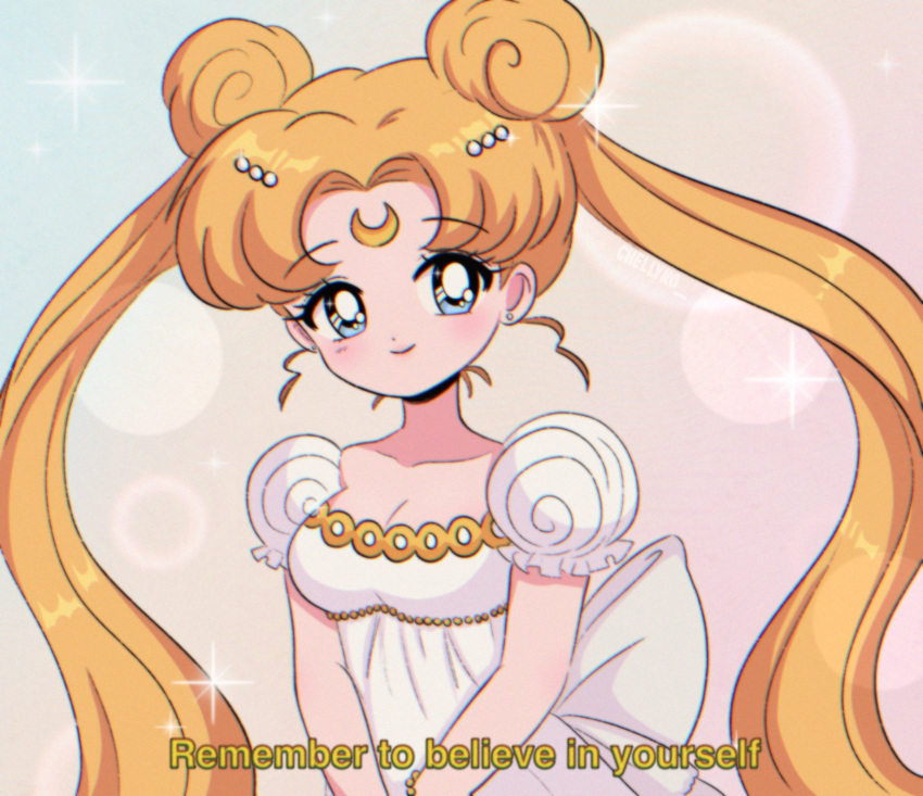 1990s_(style) 1girl bishoujo_senshi_sailor_moon blonde_hair blue_eyes blush bow breasts bubble_background chelly_(chellyko) cleavage collarbone crescent crescent_facial_mark double_bun dress earrings english_text facial_mark hair_bun hair_ornament highres jewelry long_hair looking_at_viewer medium_breasts multicolored_background princess_serenity puffy_sleeves retro_artstyle short_sleeves smile solo sparkle standing subtitled tsukino_usagi twintails waist_bow white_dress