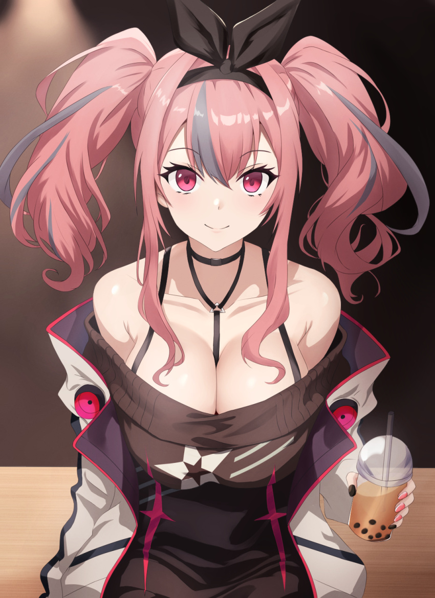 1girl armpit_crease asanagi_shion azur_lane bare_shoulders breasts bremerton_(azur_lane) bremerton_(day-off_date)_(azur_lane) cleavage closed_mouth collarbone commentary_request highres huge_breasts long_hair looking_at_viewer multicolored_hair pink_eyes smile solo twintails two-tone_hair