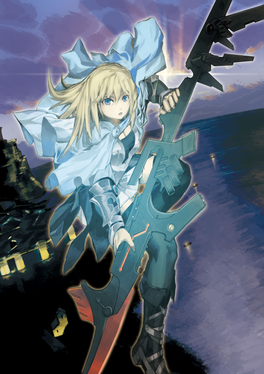 1girl black_footwear black_shirt black_thighhighs blonde_hair blue_cape blue_eyes boots breasts cape city cleavage cloud commentary_request expressionless fisheye flying fuhak full_body gun hair_between_eyes highres holding holding_gun holding_weapon horizon long_bangs long_hair looking_at_viewer medium_breasts miniskirt ocean open_mouth original pleated_skirt shirt skirt solo sunset thighhighs vambraces water weapon white_skirt