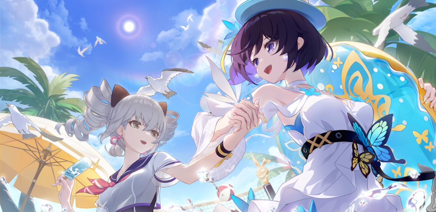 2girls :d absurdres bare_shoulders beach_umbrella belt bird blue_hair blue_sky bronya_zaychik bug butterfly cloud cloudy_sky commentary commentary_request day dress drill_hair earrings food grey_eyes grey_hair hat highres holding holding_hands homu_(honkai_impact) honkai_(series) honkai_impact_3rd innertube jewelry looking_at_another multiple_girls nhan official_alternate_costume open_mouth outdoors palm_tree popsicle purple_eyes purple_hair sailor_collar seagull seele_vollerei seele_vollerei_(swallowtail_phantasm) short_hair short_sleeves sky smile sun tree twin_drills umbrella white_dress