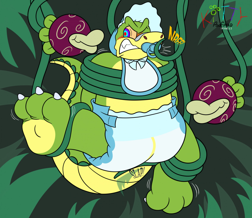 2023 3_toes alligator alligatorid angry anthro babification biped blush bound brok_(character) brok_the_investigator crocodilian diaper feet green_body hi_res kittypoofpad object_in_mouth pacifier pacifier_in_mouth reptile scalie tentacles toes