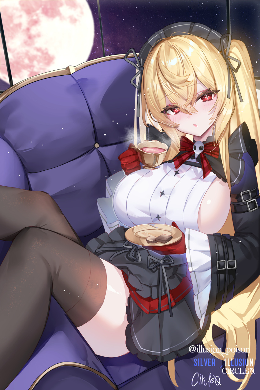 1girl black_headwear black_thighhighs blonde_hair blush breasts couch cup full_moon gloves hair_between_eyes highres holding holding_cup hwansang_jungdog large_breasts long_hair looking_at_viewer moon original parted_lips red_eyes red_gloves sideboob sitting solo thighhighs thighs