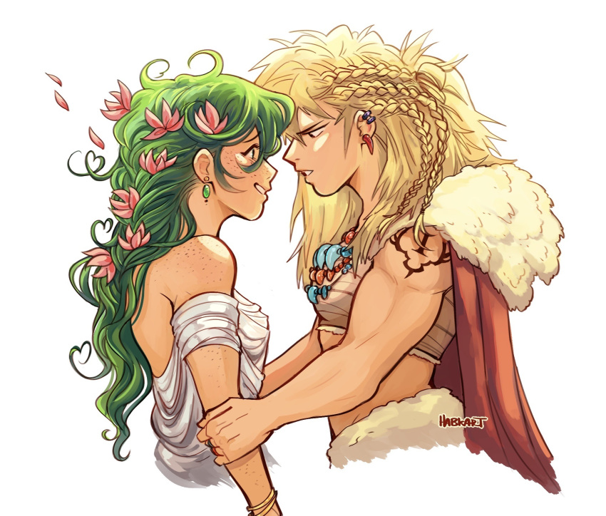 2girls bakugou_katsuki bare_arms bare_shoulders blonde_hair body_freckles boku_no_hero_academia braid cape commentary cropped_torso ear_piercing earrings english_commentary flower freckles from_side fur-trimmed_cape fur_trim genderswap genderswap_(mtf) green_hair habkart hair_flower hair_ornament hands_on_another's_arms heart heart_hair highres jewelry long_hair looking_at_another midoriya_izuku midriff multiple_girls multiple_necklaces necklace piercing red_cape shoulder_tattoo simple_background smile tattoo upper_body white_background yuri