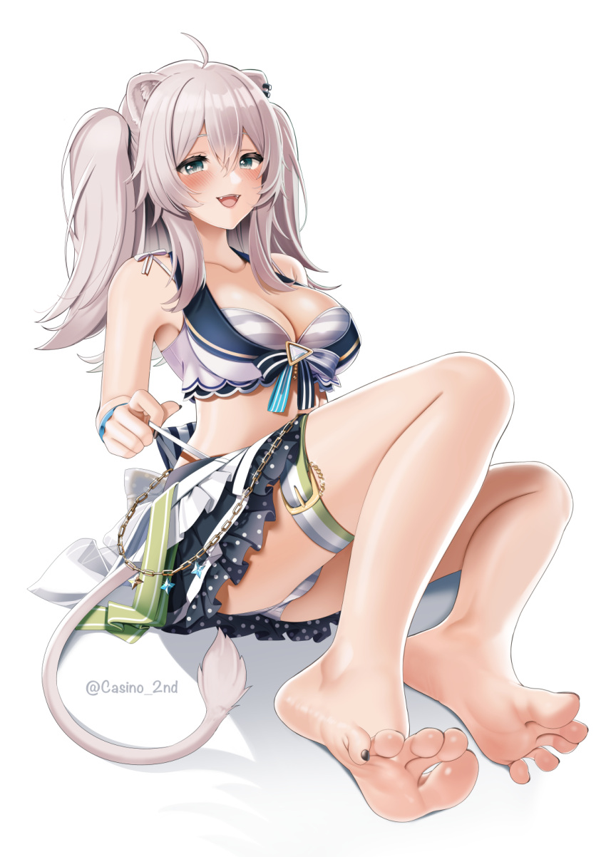 1girl :d ahoge animal_ear_piercing animal_ears barefoot bikini black_nails blue_eyes blush breasts casino_(casinoep) cleavage fangs feet full_body grey_hair hair_between_eyes highres hololive hololive_summer_2023_swimsuit large_breasts lion_ears lion_girl lion_tail long_hair looking_at_viewer miniskirt nail_polish shishiro_botan simple_background sitting skirt smile solo strap_lift striped striped_bikini swimsuit tail thigh_strap toenail_polish toenails twitter_username two_side_up virtual_youtuber white_background