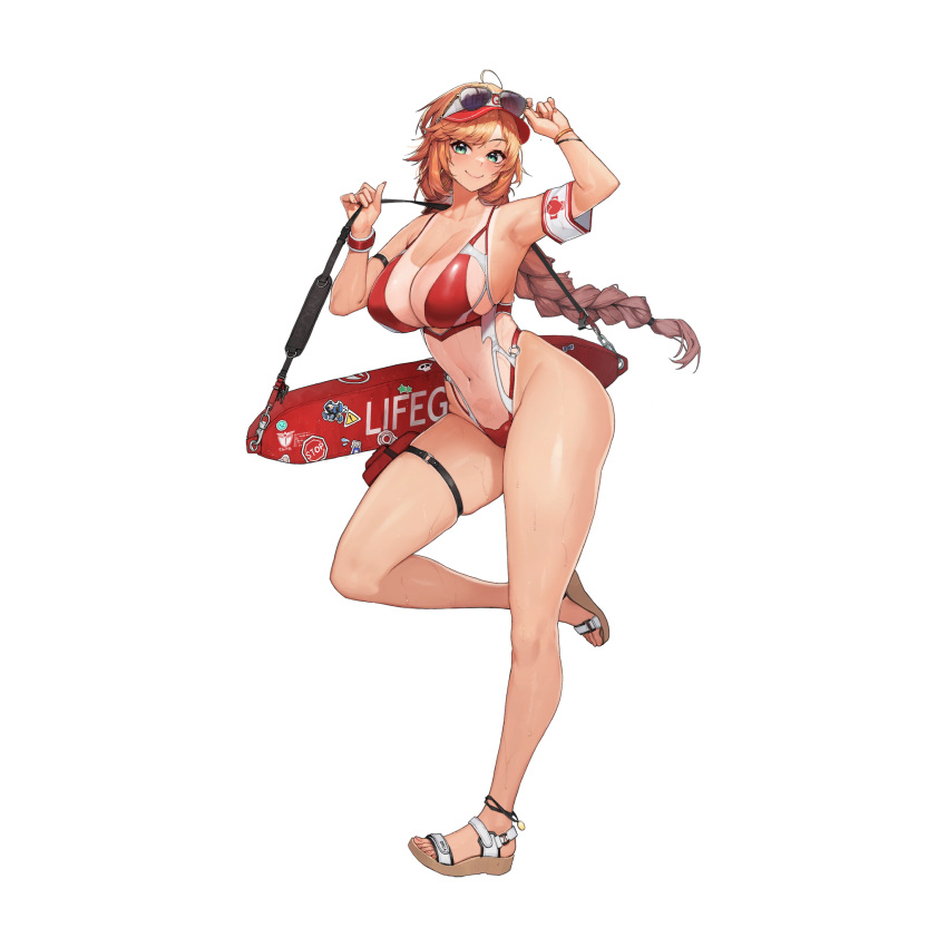 1girl ahoge ankle_strap arm_strap armband armpits bag benevolent_leanne bikini braid breasts cleavage closed_mouth collarbone cross earrings english_text eyewear_on_headwear full_body green_eyes groin heart highleg highleg_swimsuit highres holding holding_bag hoop_earrings jewelry large_breasts last_origin lifeguard linea_alba long_hair looking_at_viewer micro_bikini multiple_bracelets nail_polish navel no_entry_sign o-ring o-ring_swimsuit official_alternate_costume official_art one-piece_tan orange_hair pink_nails red_armband red_bikini red_headwear red_wristband road_sign sandals shoulder_bag sideboob sign simple_background single_braid skindentation skull sling_bikini_top smile smiley_face solo standing standing_on_one_leg star_(symbol) sticker stop_sign sun_tattoo sunglasses sweat swimsuit tachi-e tan tanlines thigh_pouch third-party_source thong transparent_background tunamayo_(dsasd751) visor_cap whistle whistle_around_neck white_armband white_footwear white_headwear
