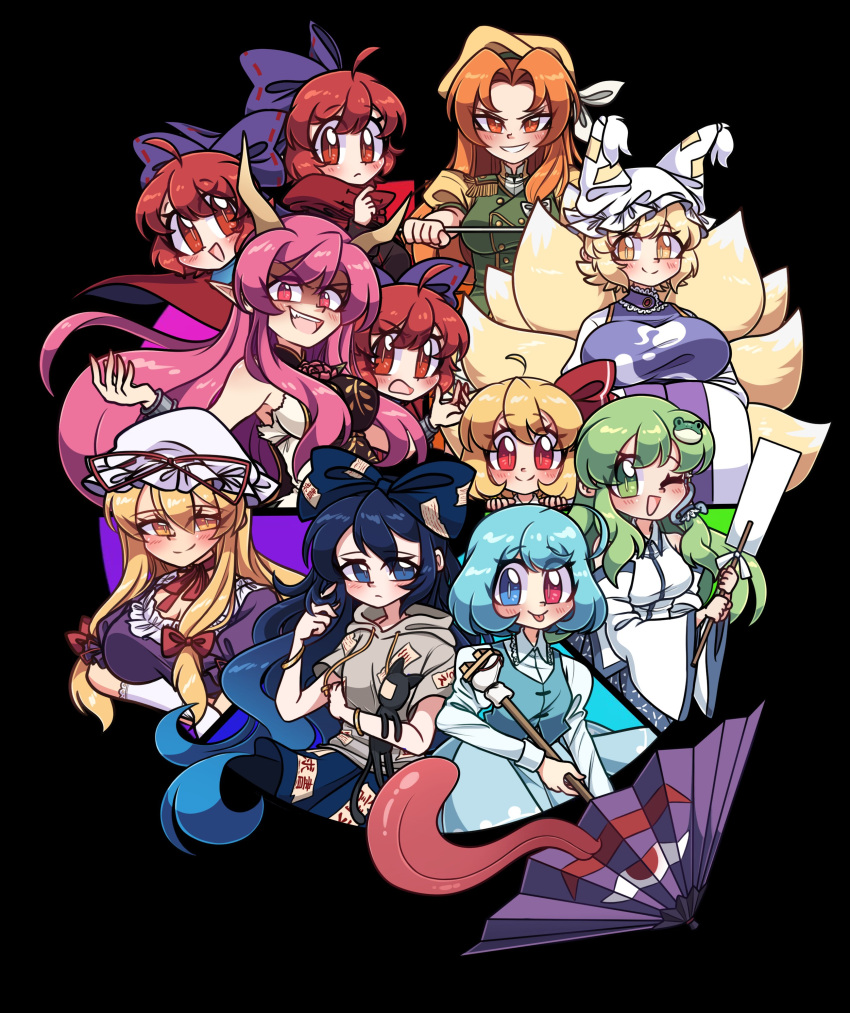 6+girls ;d absurdres ahoge black_background blonde_hair blue_eyes blue_hair blue_skirt blue_vest bow cloak closed_mouth color_wheel_challenge debt disembodied_head drawstring elbow_gloves fox_tail frog_hair_ornament gloves gohei green_eyes green_hair hair_bow hair_ornament hair_ribbon hat hat_ribbon heterochromia highres holding holding_umbrella horns ibaraki_douji_(touhou) ibaraki_kasen karakasa_obake kitsune kochiya_sanae littlecloudie long_hair looking_at_viewer mob_cap multiple_girls multiple_heads multiple_tails one_eye_closed orange_(touhou) orange_hair parted_bangs pink_eyes pink_hair pointy_ears purple_bow rainbow_order red_eyes red_hair red_ribbon ribbon rumia sekibanki shirt short_hair simple_background skirt smile snake_hair_ornament stuffed_animal stuffed_cat stuffed_toy tabard tail tatara_kogasa tongue tongue_out touhou touhou_(pc-98) umbrella vest white_gloves white_headwear white_shirt yakumo_ran yakumo_yukari yellow_headwear yorigami_shion