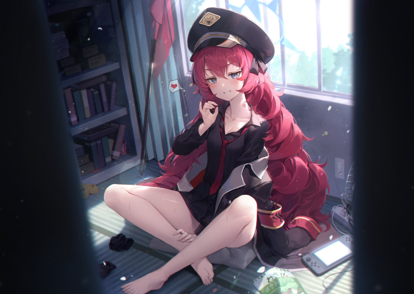 1girl absurdres armband bare_legs barefoot black_headwear black_shirt blue_archive blush breasts collared_shirt crossed_legs grey_eyes hair_between_eyes hair_ribbon halo hat heart highres iroha_(blue_archive) jacket legs long_hair long_sleeves looking_at_viewer loose_necktie military military_hat military_jacket military_uniform necktie nintendo_switch on_floor peaked_cap pencil_skirt red_armband red_hair red_necktie ribbon safety_pin shirt skirt small_breasts smile socks_removed solo sweat toenails toes uniform very_long_hair wavy_hair wnwwnw10