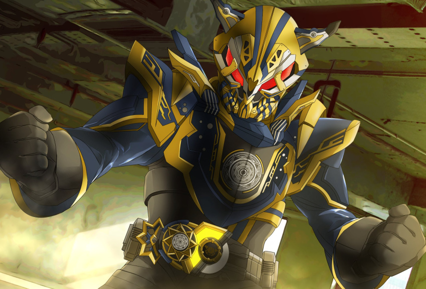 1boy black_bodysuit black_gloves blue_armor blue_sleeves bodysuit clenched_hands commentary driver_(kamen_rider) fangs fantasy_buckle fingernails foreshortening gloves glowing glowing_eyes gold_trim highres horns id_core kamen_rider kamen_rider_geats_(series) kamen_rider_gyago looking_at_viewer male_focus miyabi_(037) raise_buckle red_eyes rider_belt tokusatsu upper_body