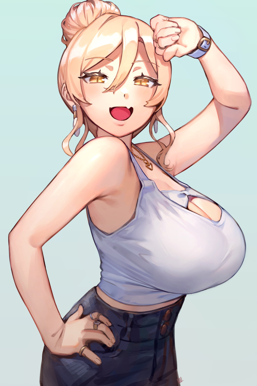 1girl absurdres bare_shoulders black_pants blonde_hair breasts cleavage cleavage_cutout clothing_cutout earrings fang hair_between_eyes hair_bun highres jewelry large_breasts looking_at_viewer midriff necklace nijisanji nui_sociere official_alternate_costume pants ring skin_fang solo tank_top ubo_(ubo_tales) virtual_youtuber watch white_tank_top wristwatch yellow_eyes