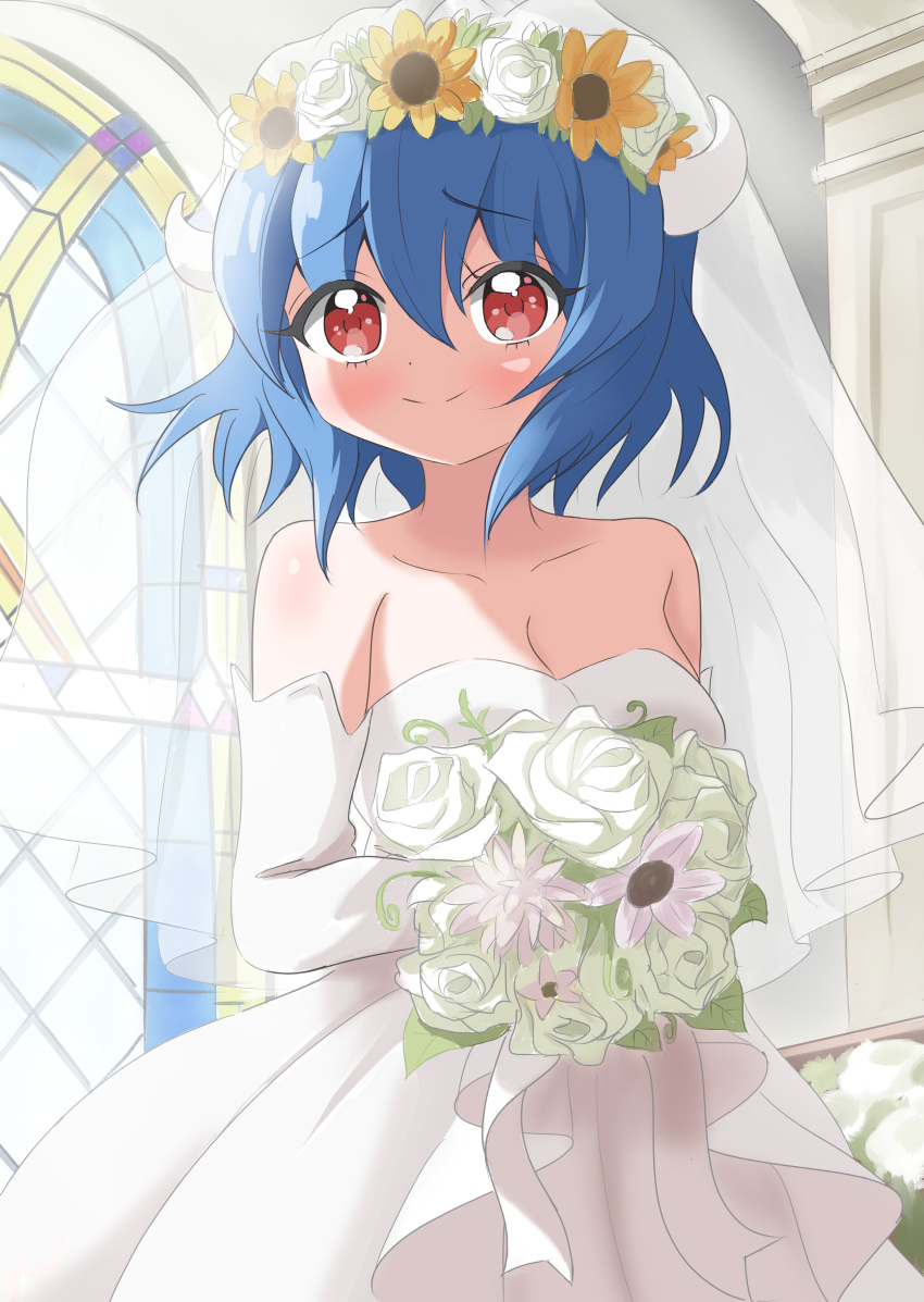 1girl absurdres bare_shoulders blue_hair blush bouquet breasts bridal_veil bride church cleavage closed_mouth collarbone commentary cow_girl cow_horns dress elbow_gloves flower flower_wreath gloves hair_between_eyes highres holding holding_bouquet horns indoors isakuns jashin-chan_dropkick large_breasts looking_at_viewer minos_(jashin-chan_dropkick) red_eyes rose shadow short_hair smile solo stained_glass strapless strapless_dress veil wedding wedding_dress white_dress white_flower white_gloves white_horns white_rose