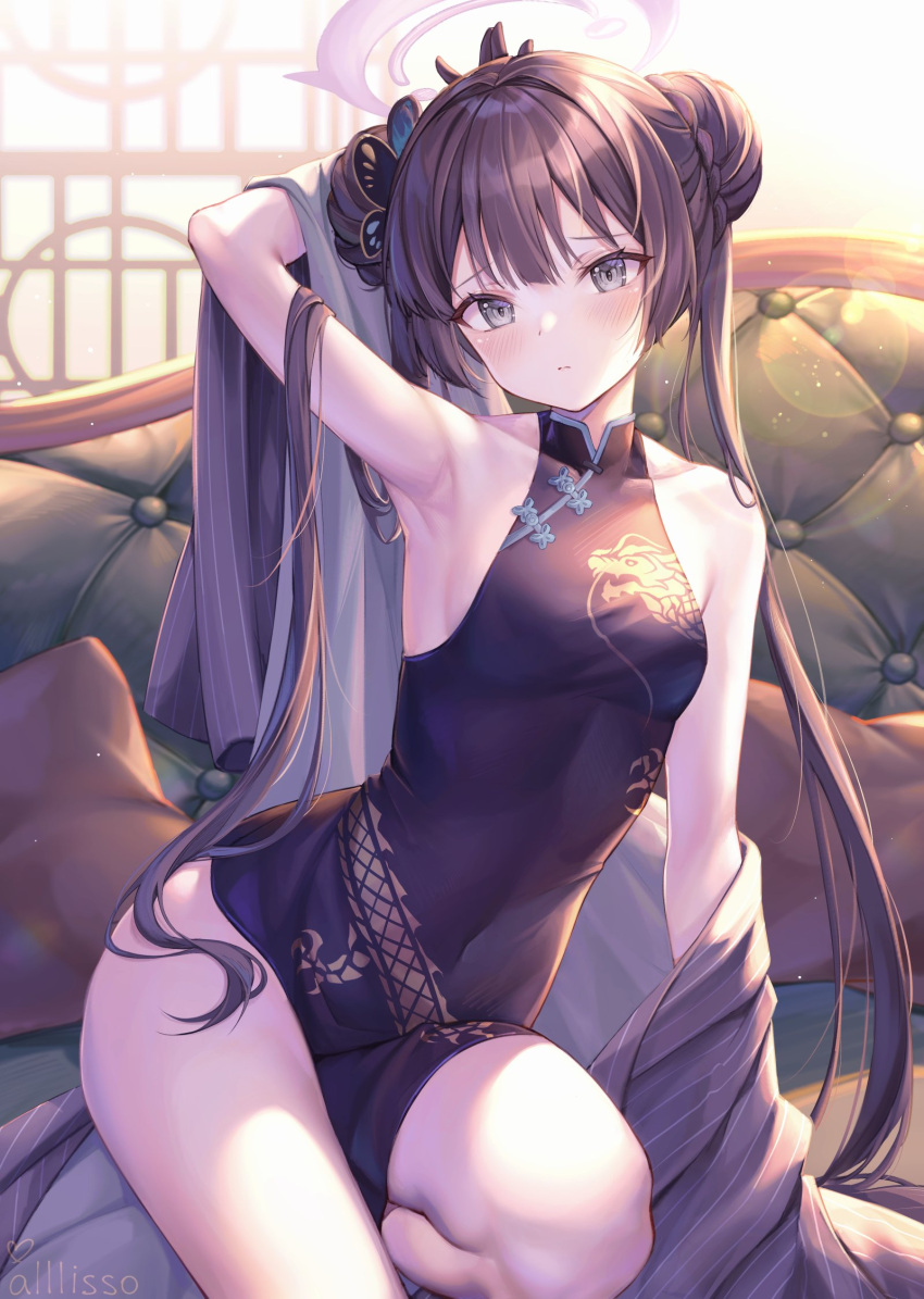 1girl alllisso arm_behind_head arm_up armpits bare_shoulders black_dress black_hair blue_archive blush braid braided_bun breasts butterfly_hair_ornament china_dress chinese_clothes clothes_down coat couch double_bun dragon_print dress foot_out_of_frame grey_coat grey_eyes hair_bun hair_ornament halo highres kisaki_(blue_archive) long_hair pillow print_dress side_slit sitting sleeveless sleeveless_dress small_breasts solo striped_coat twintails vertical-striped_coat