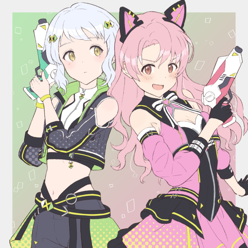 2girls animal_ears black_gloves black_jacket black_shorts blue_hair blush bow bowtie cat_ears clothing_cutout commentary_request crop_top detached_sleeves dot_nose dress expressionless fake_animal_ears flat_chest gloves gradient_background green_background gun hair_ornament hairclip hands_up highres holding holding_gun holding_weapon idolmaster idolmaster_million_live! idolmaster_million_live!_theater_days jacket light_blue_hair long_hair long_sleeves looking_at_another looking_at_viewer makabe_mizuki midriff multiple_girls navel official_alternate_costume official_alternate_hair_color open_mouth pink_dress pink_hair pink_skirt pink_sleeves razi red_eyes shirt short_hair shorts shoulder_cutout sidelocks skirt smile striped striped_bow striped_bowtie takayama_sayoko v-shaped_eyebrows wavy_hair weapon white_bow white_bowtie white_shirt yellow_eyes yellow_wristband
