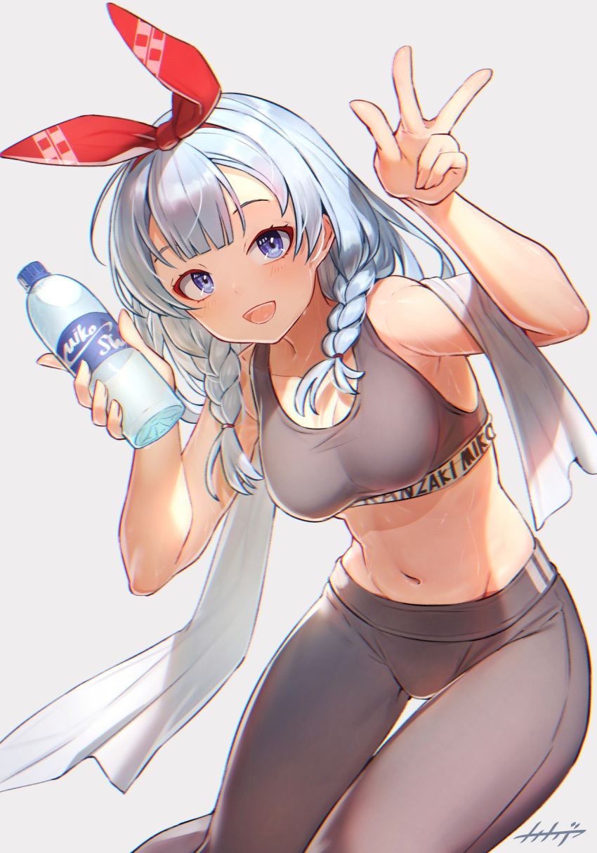 1girl alternate_costume arm_up armpits arpeggio_kaga bare_arms bare_shoulders black_pants black_shirt blue_eyes bottle braid breasts crop_top hair_over_shoulder hair_ribbon hand_up highres holding holding_bottle indie_virtual_youtuber kanzaki_mikoto_(vtuber) leggings long_hair looking_at_viewer medium_breasts midriff navel open_mouth pants revision ribbon shirt simple_background sleeveless sleeveless_shirt smile solo sports_bra stomach sweat towel twin_braids v virtual_youtuber water_bottle white_background white_hair