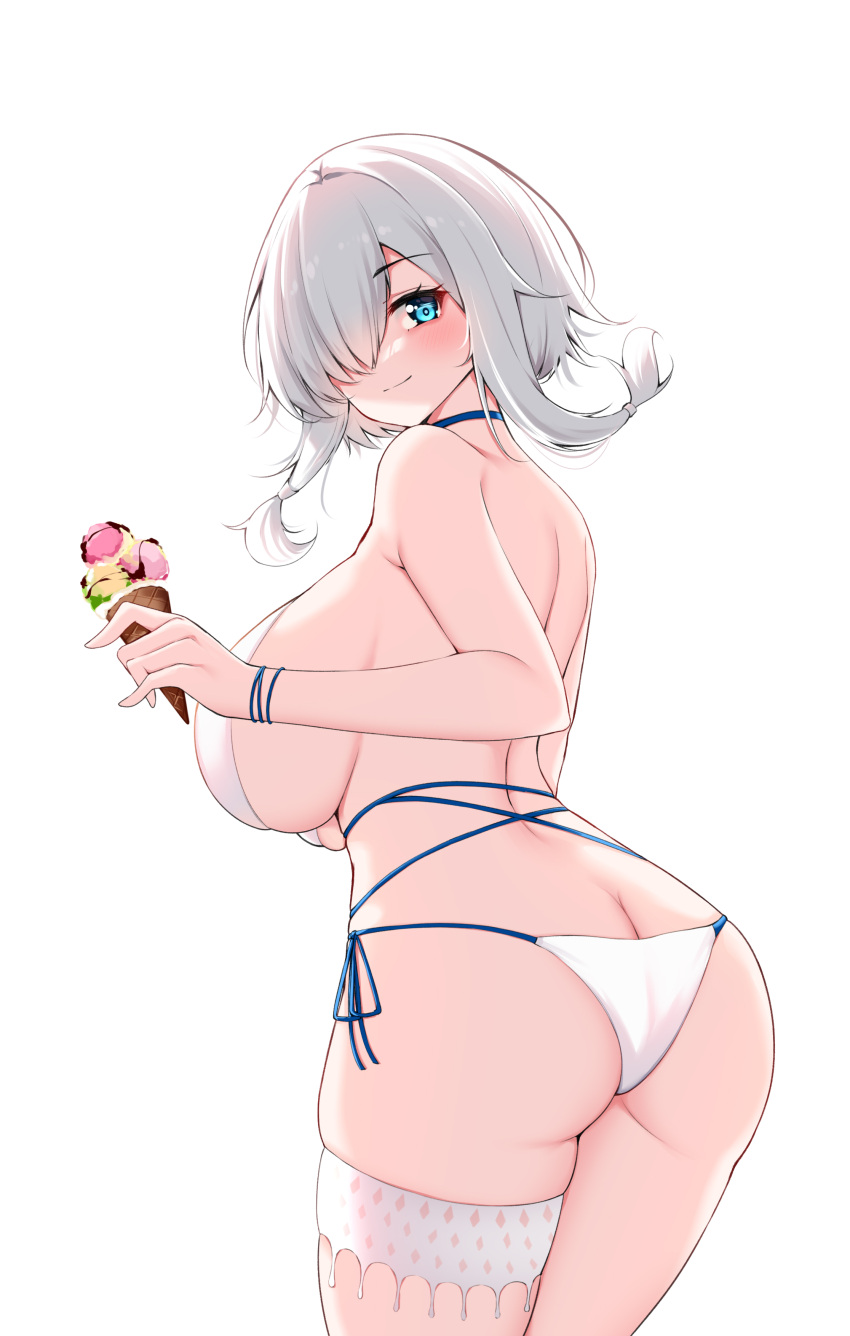 absurdres ass azur_lane bare_shoulders bikini blue_choker blue_eyes breasts butt_crack catnnn choker dead_or_alive dead_or_alive_xtreme food highres holding holding_ice_cream ice_cream large_breasts looking_at_viewer looking_back luna_(doa) luna_(venus_of_the_beach)_(doa) short_hair sideboob swimsuit thigh_strap thighs white_background white_bikini white_hair wristband