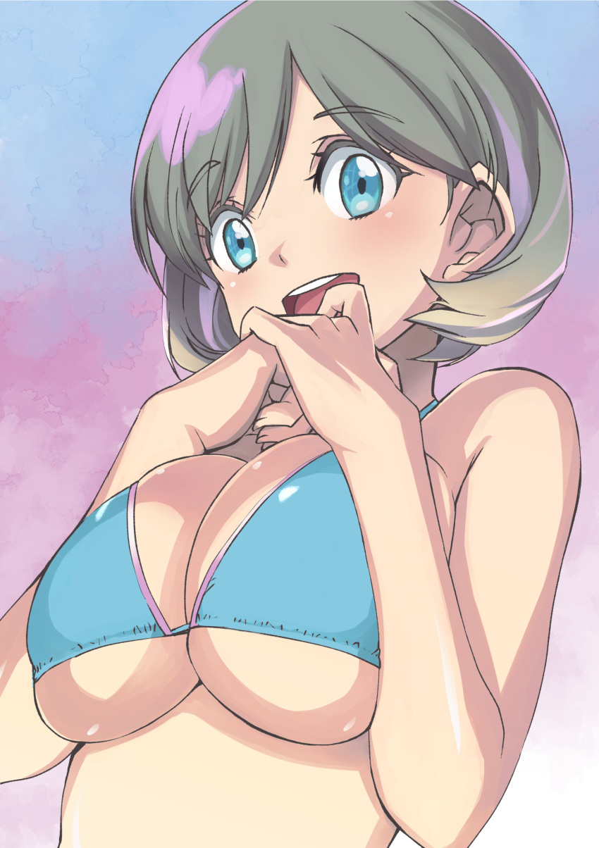 1girl :d absurdres bare_arms bare_shoulders bikini blue_bikini blue_eyes breasts breasts_squeezed_together cleavage eyelashes grey_hair hands_up highres large_breasts looking_at_viewer love_live! love_live!_superstar!! muramasa_mikado open_mouth round_teeth short_hair smile solo swept_bangs swimsuit tang_keke teeth upper_body upper_teeth_only