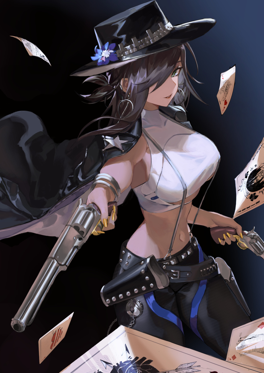 1girl absurdres black_hair black_headwear black_pants bracelet breasts card colt_walker colt_walker_(girls'_frontline) covered_collarbone cowboy_hat crop_top dual_wielding earrings girls'_frontline gradient_background green_eyes gun hair_over_one_eye hat highres holding holster hoop_earrings jacket jewelry large_breasts leather leather_pants looking_at_viewer midriff navel nineye pants playing_card revolver shirt simple_background sleeveless sleeveless_turtleneck smile solo suspenders taut_clothes taut_shirt turtleneck underboob weapon weapon_connection white_shirt yellow_nails