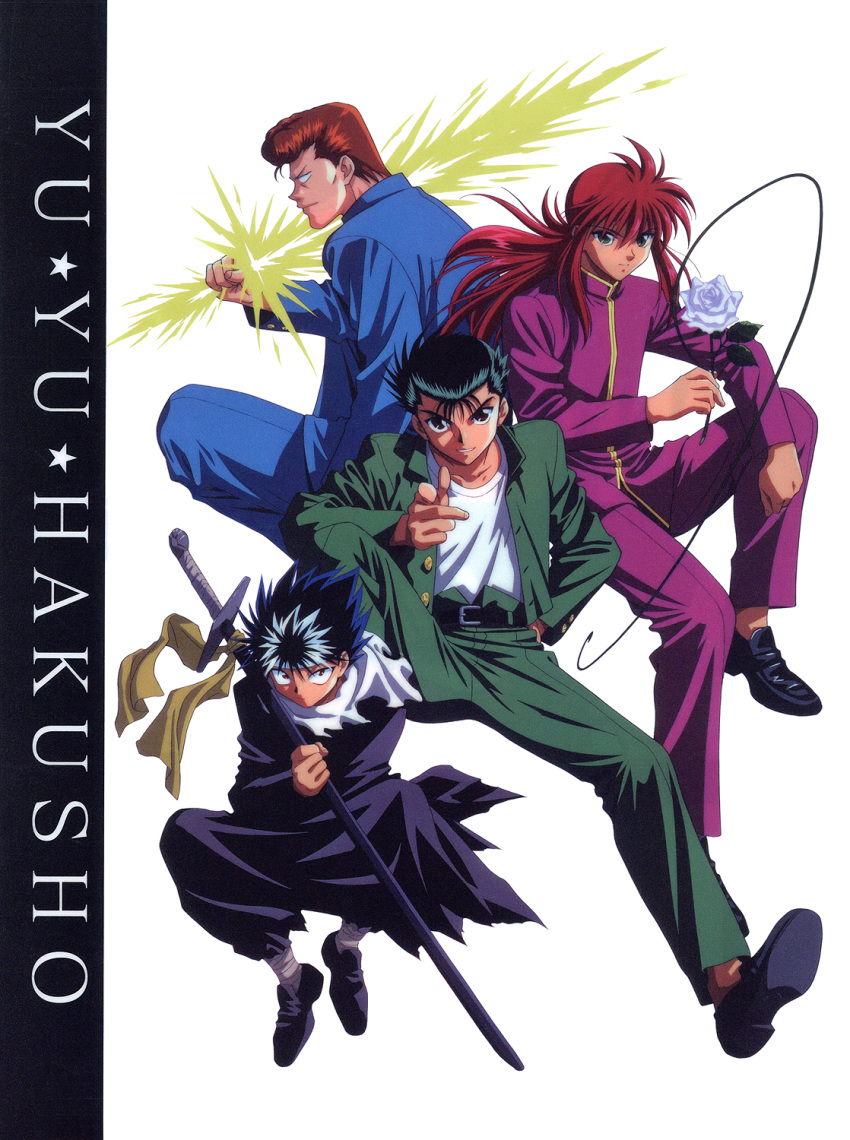 1990s_(style) 4boys black_footwear black_hair brown_eyes copyright_name energy_sword flower grin hiei_(yu_yu_hakusho) highres holding holding_flower holding_sword holding_weapon holding_whip jacket kurama_(yu_yu_hakusho) kuwabara_kazuma loafers long_hair long_sleeves male_focus multiple_boys non-web_source official_art open_clothes open_jacket pointing pointing_at_viewer profile red_eyes red_hair retro_artstyle rose scan school_uniform sheath sheathed shoes short_hair simple_background smile spiked_hair sword urameshi_yusuke weapon white_background white_flower white_rose yu_yu_hakusho