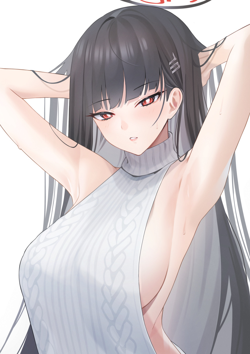 1girl absurdres armpits arms_up black_hair blue_archive blush breasts halo highres large_breasts long_hair looking_at_viewer meme_attire red_eyes rio_(blue_archive) sideboob sideless_outfit simple_background solo straight_hair upper_body very_long_hair virgin_killer_sweater white_background zeil