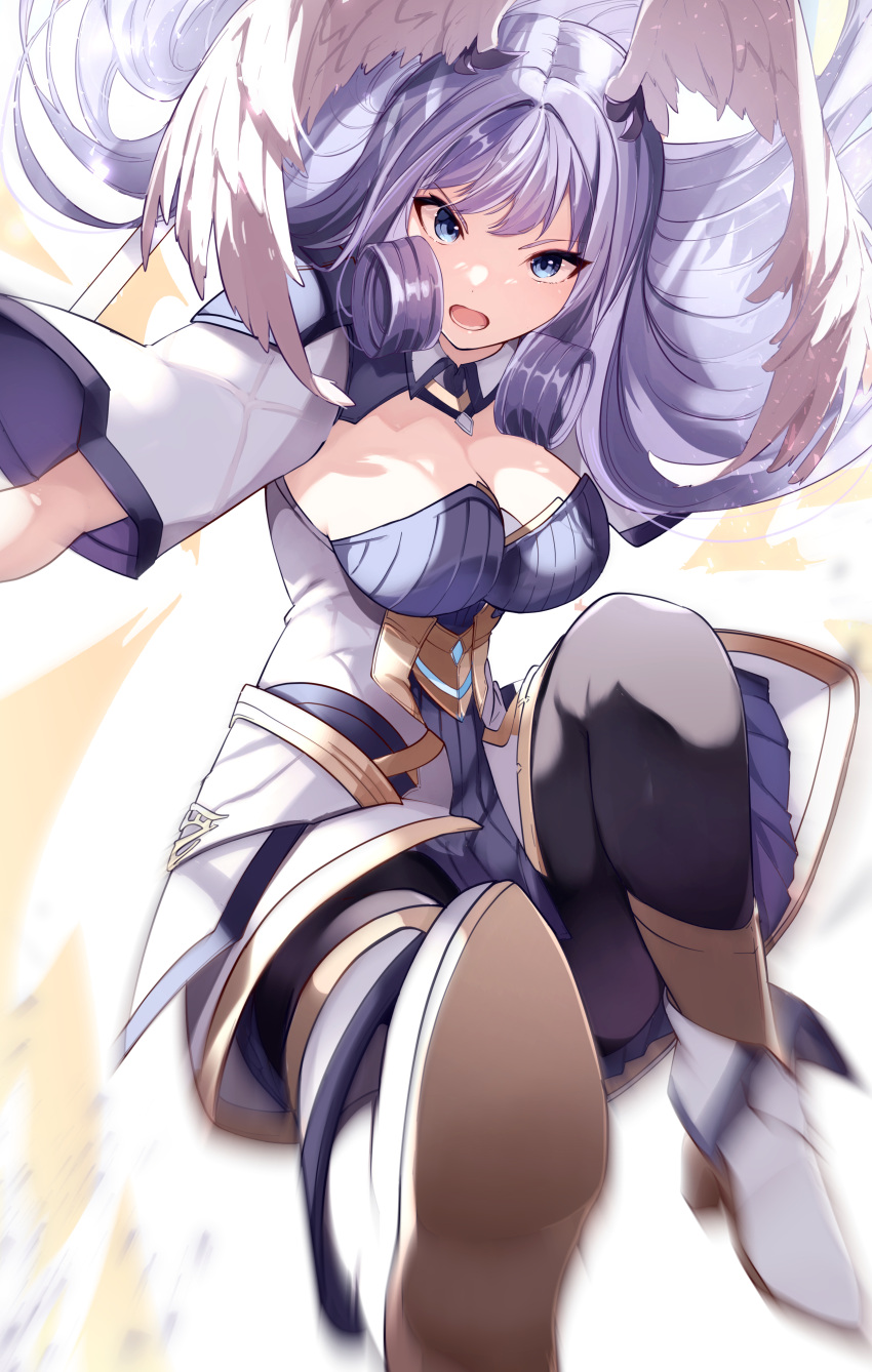 1girl absurdres black_pantyhose blue_eyes breasts dress grey_hair head_wings highres large_breasts long_hair long_sleeves melia_antiqua motion_blur open_mouth pantyhose risumi_(taka-fallcherryblossom) short_dress solo xenoblade_chronicles_(series) xenoblade_chronicles_3