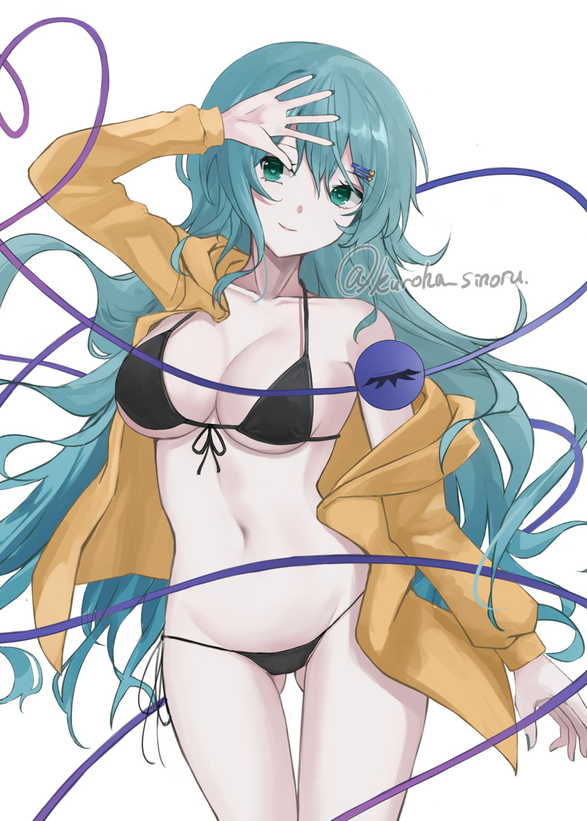1girl absurdres ass_visible_through_thighs bikini black_bikini breasts cleavage collarbone commentary_request green_eyes green_hair green_nails heart heart-shaped_pupils heart_of_string highres komeiji_koishi kuro_wa_shinoru large_breasts long_hair looking_at_viewer open_clothes open_shirt shirt simple_background solo swimsuit symbol-shaped_pupils third_eye touhou twitter_username white_background yellow_shirt