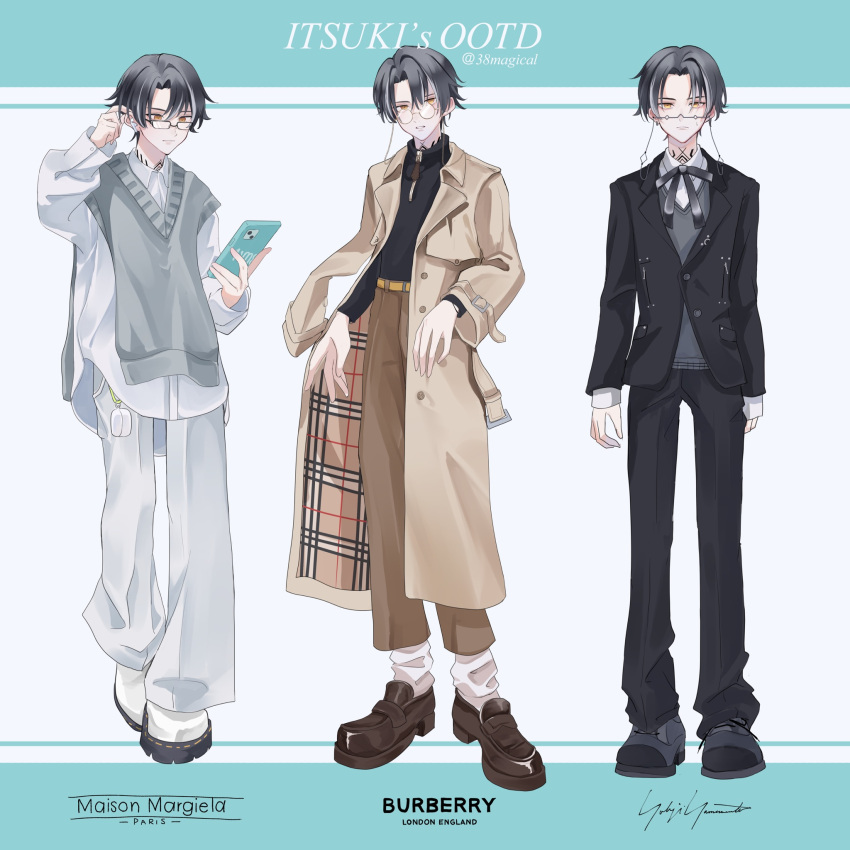 1boy airpods alternate_costume black_footwear black_hair black_jacket black_pants black_shirt brown_coat brown_footwear brown_pants coat collared_shirt full_body glasses grey_hair grey_pants grey_sweater_vest grey_vest highres holding holding_phone itsuki_(paradox_live) jacket light_blue_background male_focus miya_(38magical) multicolored_background multicolored_hair neck_tattoo pants paradox_live phone shirt short_hair socks solo sweater_vest tattoo turtleneck twitter_username vest white_background white_footwear white_shirt white_socks wireless_earphones