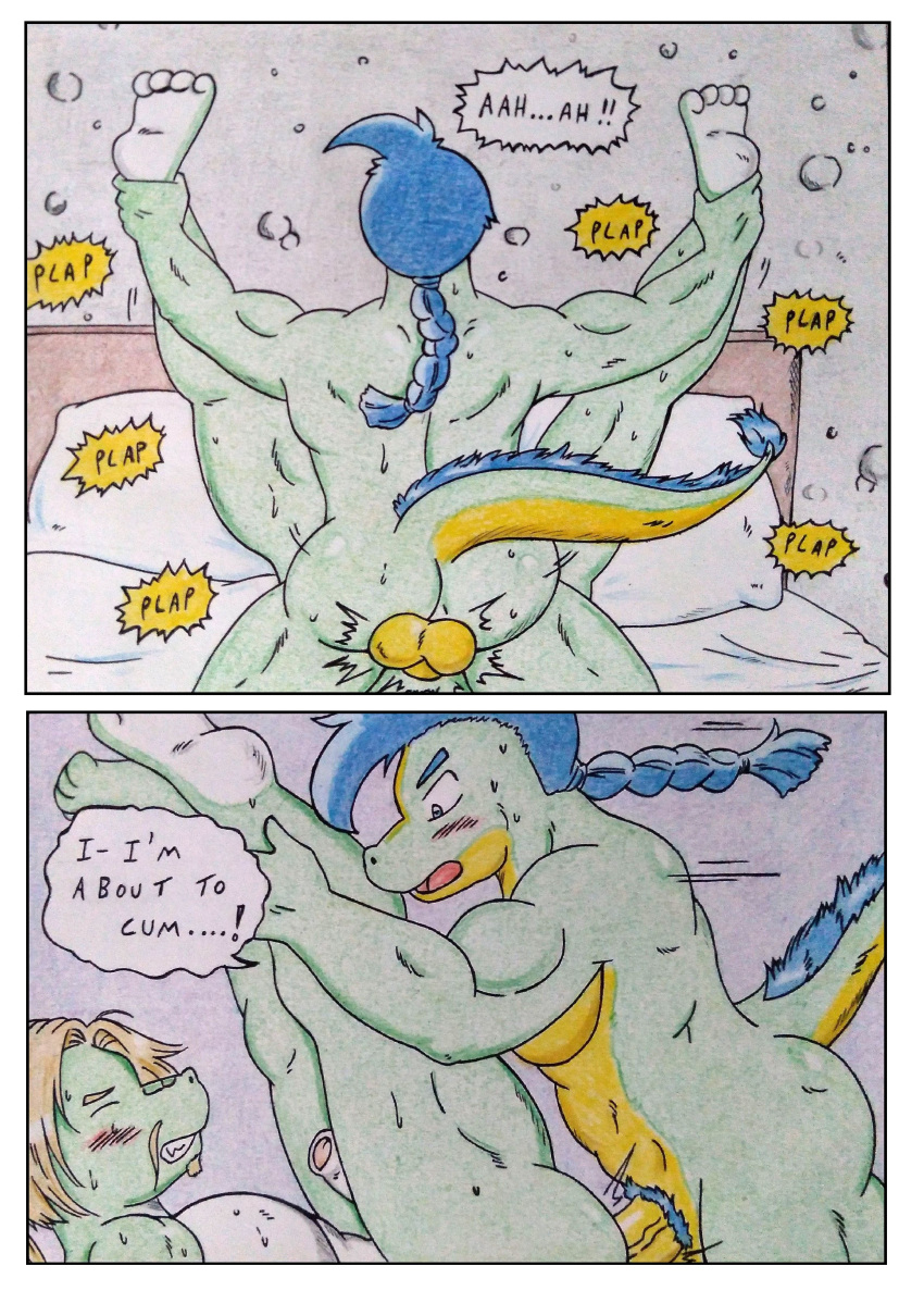 4_toes 5_fingers abs absurd_res anal anal_penetration anthro back_muscles balls balls_deep barazoku bed bedroom biceps blonde_hair blue_eyes blue_hair blush blush_lines bodily_fluids butt comic comic_panel dashthefox dialogue dinosaur dragon dromaeosaurid duo eastern_dragon erection eyes_closed facing_each_other feet fingers foreskin furniture genitals green_body hair hi_res male male/male male_penetrated male_penetrating male_penetrating_male manly motion_lines muscular muscular_anthro muscular_male nude nude_anthro nude_male onomatopoeia open_mouth pecs penetration penis pubes raised_leg reptile scalie sek-raktaa sex sound_effects sweat sweatdrop tail teeth text theropod thick_penis tied_hair toes traditional_media_(artwork) vein veiny_penis velociraptor white_penis white_toes yellow_balls yellow_penis