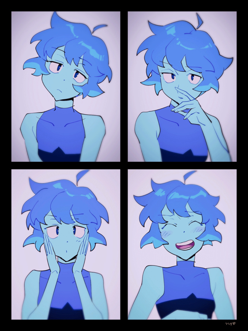 1girl ^_^ black_border blue_eyes blue_hair blue_skin blush border closed_eyes closed_mouth colored_skin crop_top expressions hands_on_own_cheeks hands_on_own_face head_tilt highres lapis_lazuli_(steven_universe) laughing looking_at_viewer nano8 panels parted_lips simple_background sleeveless smile steven_universe upper_body