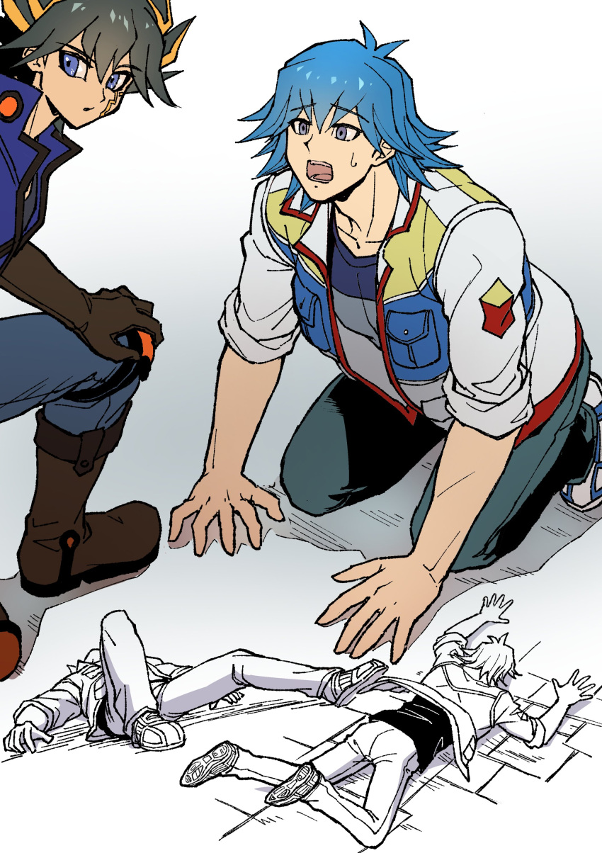 2boys absurdres black_hair blue_eyes blue_hair blue_jacket blue_pants boots brown_footwear brown_gloves bruno_(yu-gi-oh!) facial_mark facial_tattoo floor fudou_yuusei gloves hand_on_own_knee hands_on_floor high_collar highres jacket knee_pads kneeling looking_back looking_to_the_side lying male_focus marking_on_cheek multicolored_hair multiple_boys multiple_views on_back on_floor on_stomach open_clothes open_jacket open_mouth pants parted_lips partially_colored pocket purple_eyes shirt shoes short_hair sleeves_rolled_up sneakers spiked_hair streaked_hair sweatdrop tattoo tripping white_footwear white_jacket worried youko-shima yu-gi-oh! yu-gi-oh!_5d's