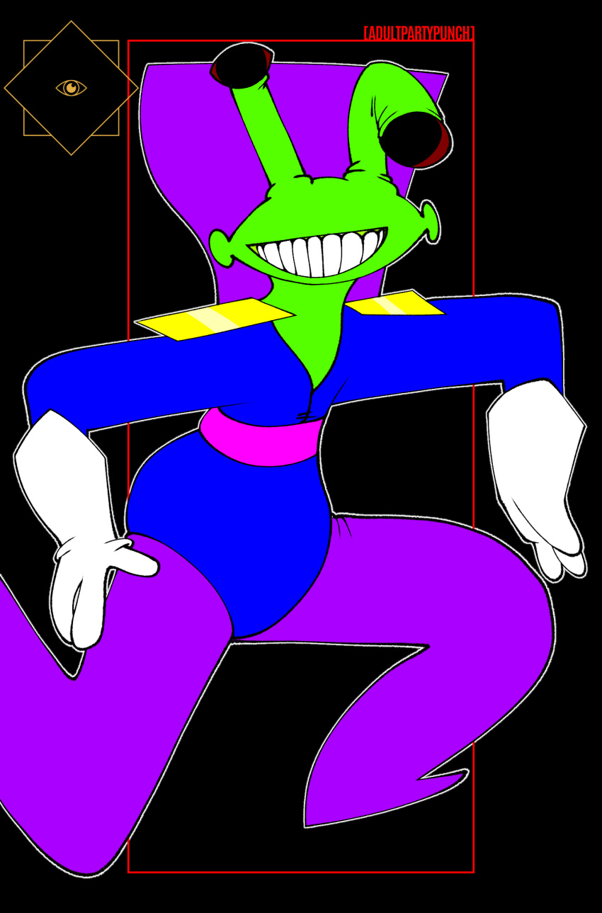 adultpartypunch alien ambiguous_gender clothing digital_media_(artwork) green_body green_skin hi_res humanoid looking_at_viewer not_furry simple_background smile solo sworn_(parasite) teeth toony