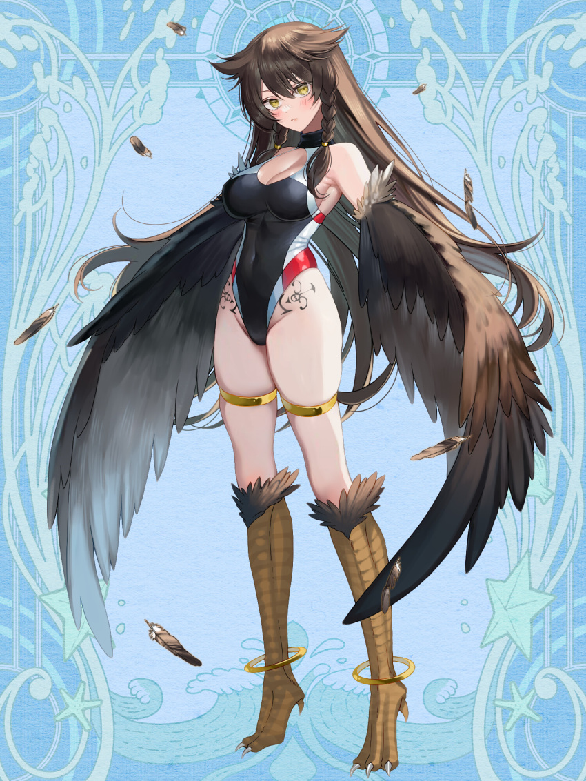 1girl anklet aura_venefika bird_legs black_one-piece_swimsuit blush braid breasts brown_hair brown_wings cleavage cleavage_cutout clothing_cutout dairoku_ryouhei feathered_wings feathers full_body harpy highres jewelry large_breasts long_hair long_legs monster_girl one-piece_swimsuit solo swimsuit tama_(marble) tattoo thighlet twin_braids winged_arms wings yellow_eyes