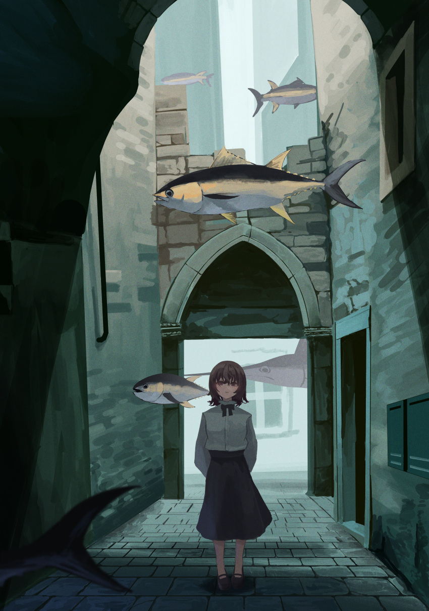 1girl abandoned absurdres alley arms_behind_back blue_skirt bow brown_hair building city closed_mouth day fish full_body highres ikanoshiokara original outdoors purple_eyes road shirt short_hair skirt solo standing street white_shirt