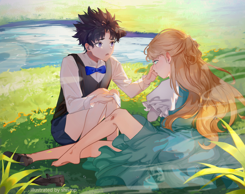 1boy 1girl aged_down blonde_hair blue_bow blue_bowtie blue_dress bow bowtie bruise commentary_request crying dress erina_pendleton feet grass handkerchief highres holding holding_handkerchief injury jojo_no_kimyou_na_bouken jonathan_joestar long_hair long_sleeves looking_at_another open_mouth outdoors phantom_blood shirt short_hair shorts single_barefoot sitting tears water xiaotianxia