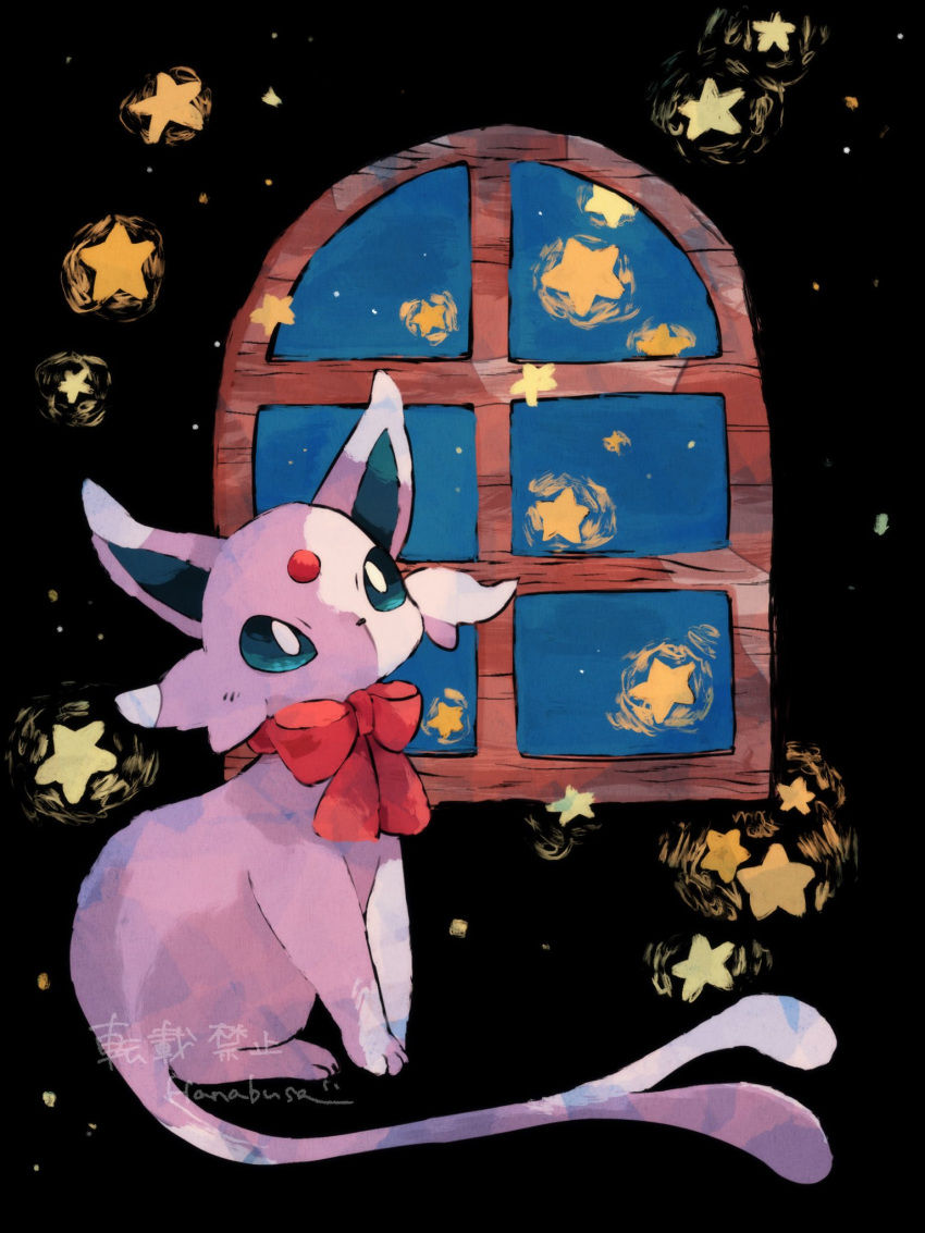 animal_focus artist_name blue_eyes colored_skin commentary_request espeon forehead_jewel forked_tail hanabusaoekaki highres necktie night night_sky no_humans pokemon pokemon_(creature) purple_skin red_necktie sky solo star_(sky) star_(symbol) tail window