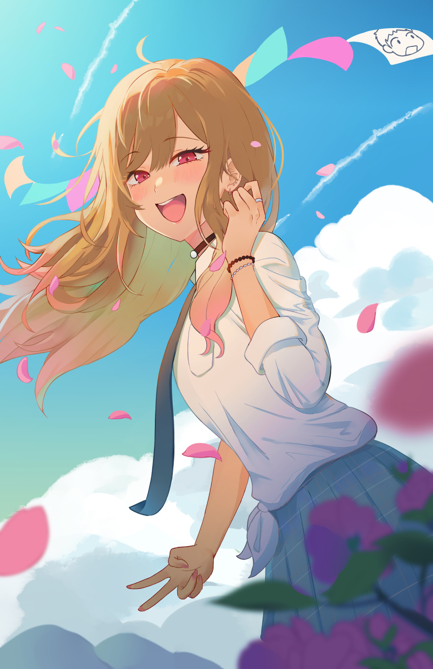 1girl :d ahoge bead_bracelet beads black_choker blonde_hair blue_necktie blue_sky blurry blurry_foreground blush bracelet choker cloud cloudy_sky collared_shirt commentary day ear_piercing eyelashes falling_petals floating_hair flower from_side gojou_wakana hand_up highres jewelry kitagawa_marin leaning_forward long_hair long_sleeves looking_at_viewer necktie open_mouth oppaniichan outdoors parted_bangs petals piercing pink_nails plaid plaid_skirt pleated_skirt purple_flower red_eyes ring romaji_commentary school_uniform shirt skirt sky sleeves_rolled_up smile solo sono_bisque_doll_wa_koi_wo_suru swept_bangs teeth tied_shirt upper_teeth_only white_shirt