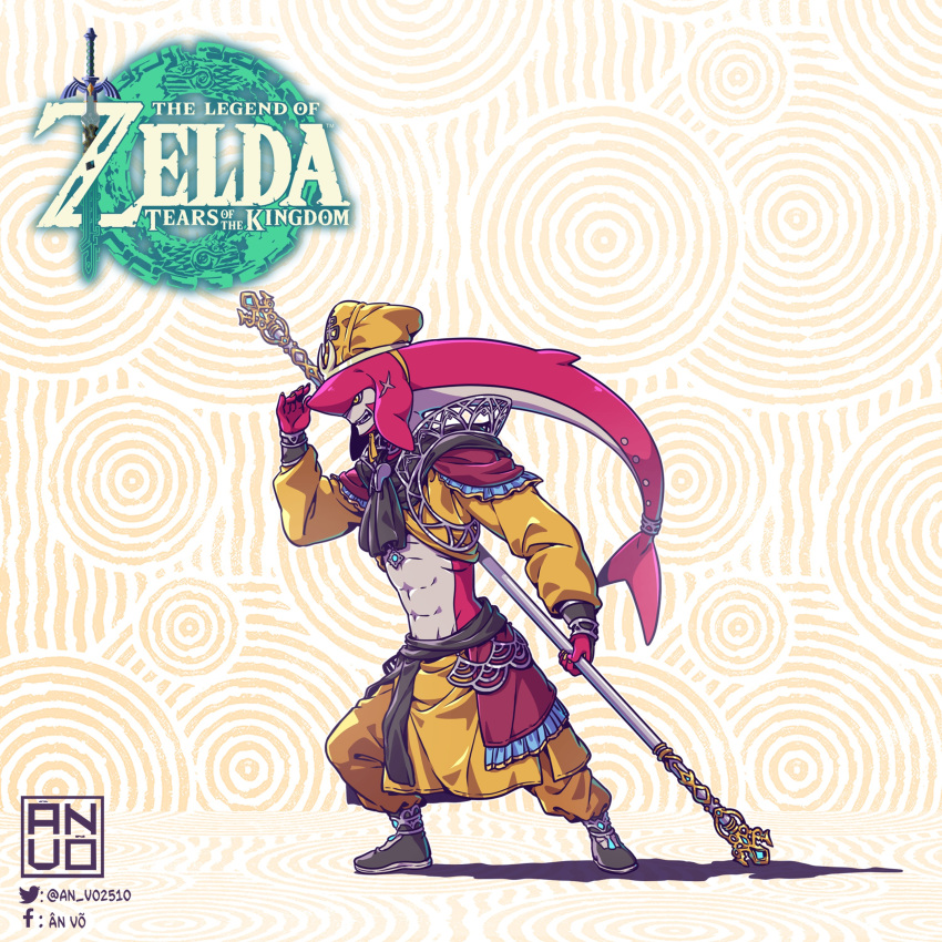 abs absurd_res an_vo clothing fish footwear hat headgear headwear hi_res jewelry male marine monkey_king muscular nintendo prince_sidon scar shoes simple_background solo staff sun_wukong tears_of_the_kingdom text the_legend_of_zelda zora