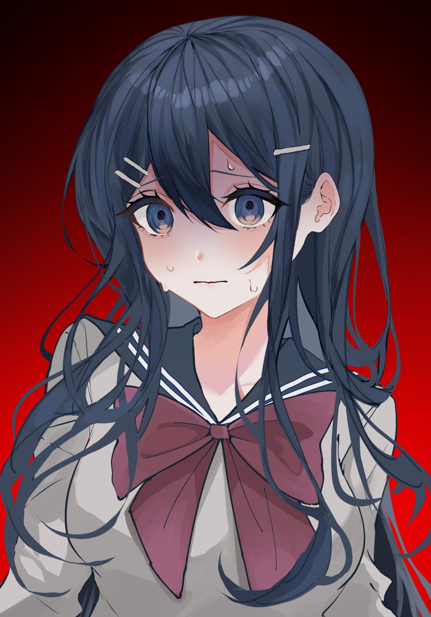 1girl absurdres blue_eyes blue_hair bow bowtie danganronpa:_trigger_happy_havoc danganronpa_(series) hair_between_eyes hair_ornament hairclip highres long_hair long_sleeves maizono_sayaka red_background red_bow red_bowtie school_uniform serafuku shirt simple_background solo sweat upper_body white_shirt yaduki100