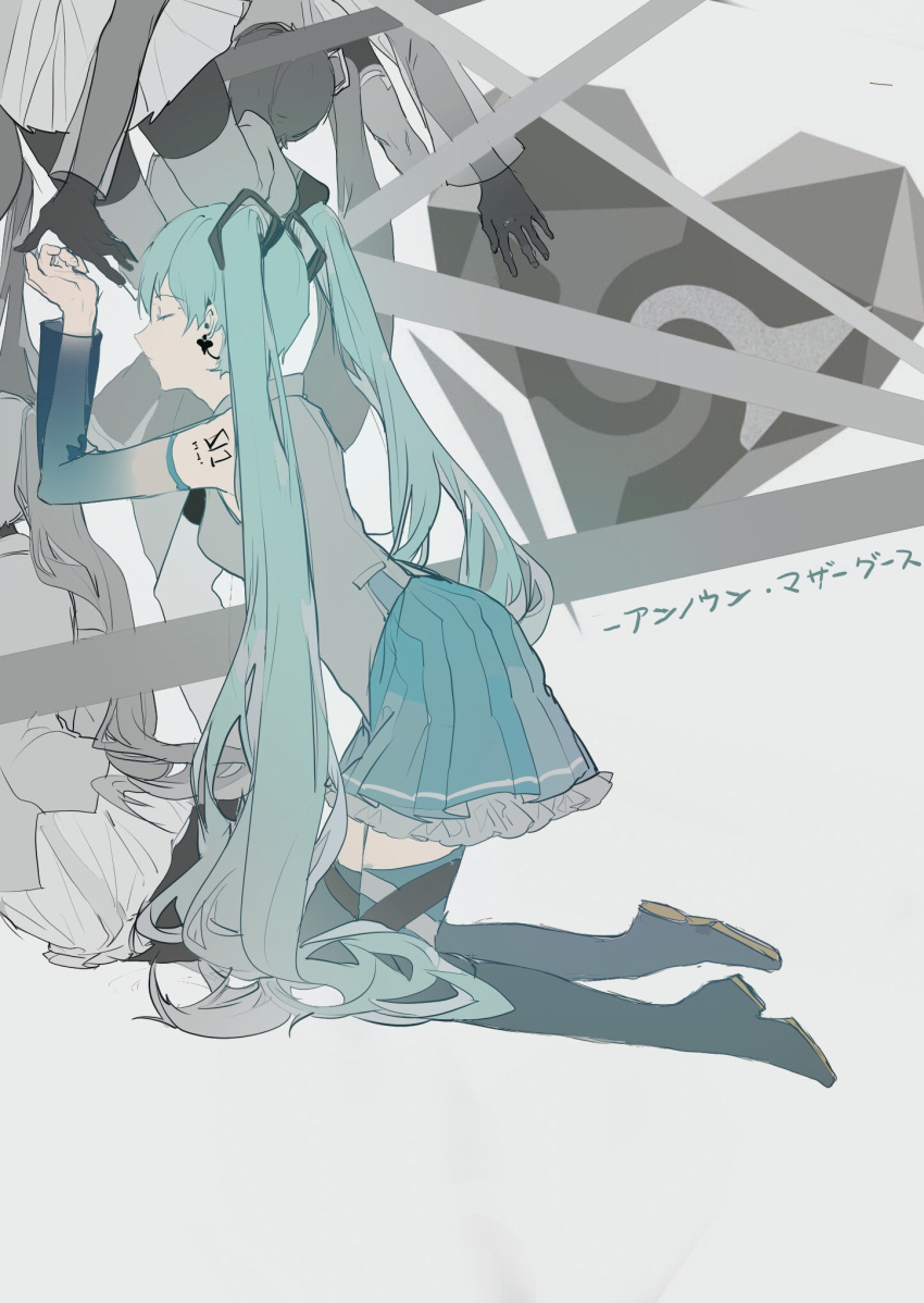 1girl alternate_skirt aqua_hair bare_shoulders boots closed_eyes detached_sleeves earrings frilled_skirt frills hair_ornament hatsune_miku heart heart_earrings highres jewelry kneeling limited_palette lobelia_(saclia) long_hair multiple_girls pleated_skirt rolling_girl_(vocaloid) shirt skirt sleeveless solo thigh_boots thighhighs toosenbo_(vocaloid) twintails unknown_mother_goose_(vocaloid) very_long_hair vocaloid white_shirt