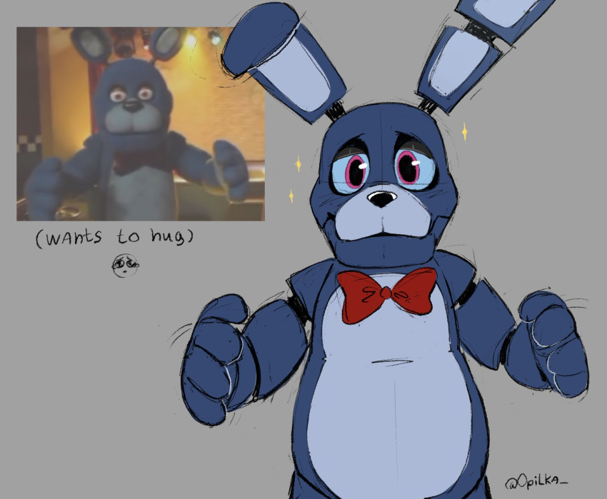 2023 4_fingers animatronic anthro artist_name big_pupils biped black_nose black_text bonnie_(fnaf) bow_tie bow_tie_only colored colored_sketch countershade_face countershade_torso countershading crying_emoji digital_drawing_(artwork) digital_media_(artwork) emoji english_text fingers five_nights_at_freddy's five_nights_at_freddy's_(film) front_view fur glistening glistening_eyes grey_background guide_lines half-length_portrait hi_res lagomorph leporid looking_at_viewer machine male mammal mostly_nude multicolored_body offering_hug opilka_(artist) photo_reference pink_eyes portrait pupils purple_body purple_ears purple_fur rabbit rabbit_ears red_bow reference_image robot scottgames simple_background sketch solo sparkles standing text two_tone_body universal_studios yellow_emanata