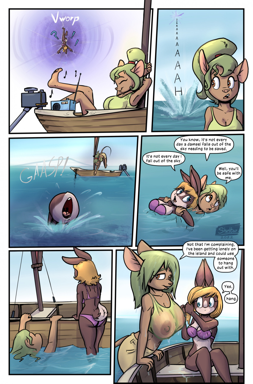 2022 anthro big_breasts blonde_hair blue_eyes boat bra breasts brown_body brown_eyes brown_fur cleavage clothed clothing comic dialogue duo english_text exclamation_point female female/female fur green_hair hair hi_res lagomorph leporid mammal mimi_(shieltar) mouse murid murine nipples panties partially_submerged pink_nose question_mark rabbit rhona_(shieltar) rodent scut_tail shieltar shirt short_tail tail tank_top text topwear translucent translucent_clothing underwear vehicle water watercraft wet