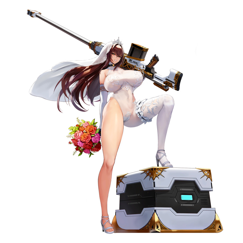1girl anti-materiel_rifle asymmetrical_bodysuit asymmetrical_clothes bare_shoulders black_choker black_gloves bodysuit bouquet breasts bridal_lingerie bridal_veil bride brown_eyes choker clothing_cutout collarbone covered_navel crate detached_sleeves floral_print flower full_body game_cg gloves gold_trim gun hair_between_eyes heart heart_choker high_heels highleg highres hip_vent holding holding_bouquet holding_gun holding_weapon huge_breasts huge_weapon impossible_bodysuit impossible_clothes lace-trimmed_sleeves lace-trimmed_veil lace_collar lace_trim last_origin leg_up lingerie lips long_hair mr.yun official_alternate_costume official_art open_mouth orange_flower orange_rose pink_flower pink_rose purple_flower purple_rose red_flower red_rose rifle rose rose_print royal_arsenal see-through see-through_bodysuit see-through_veil simple_background single_bare_leg single_pantsleg smile sniper_rifle solo strappy_heels thick_thighs thigh_strap thighs third-party_source thorn_print tiara transparent_background underboob underwear veil weapon white_bodysuit white_footwear white_sleeves